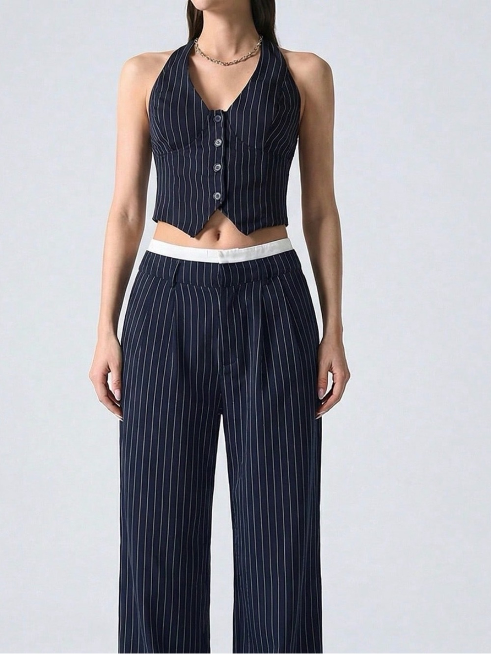 SHEIN Navy Pinstripe Halter Vest & Wide-Leg Pants Set